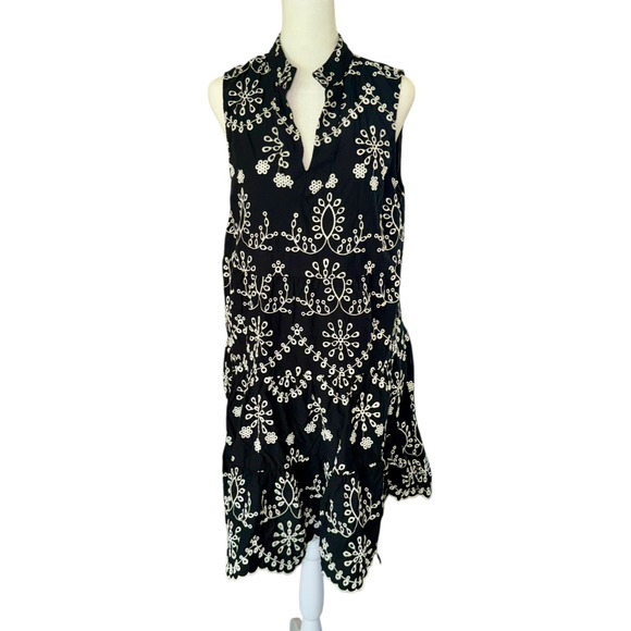 Karen Kane Black White Embroidered Cotton SleevelessDress Large Boho Cottagecore - Picture 2 of 9